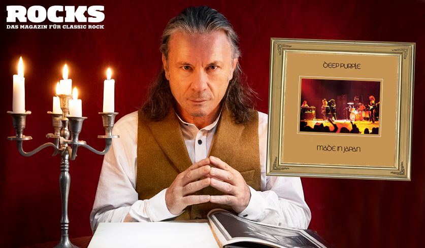 Foto von Bruce Dickinson und dem Cover von "Made In Japan" von Deep Purple.