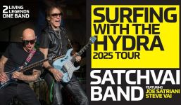 Promo-Grafik der "Surfing With The Hydra"-Tour 2025 von Joe Satriani und Steve Vai.